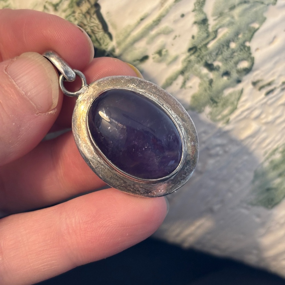 Vintage Sterling Silver Amethyst Cabochon Pendant Large Oval 925
